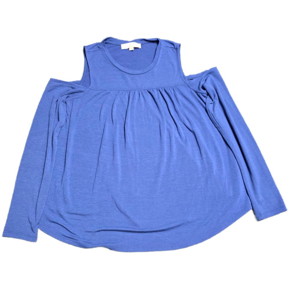 LOFT Cold Shoulder Pleated Blouse Top Women's Size M Blue Long Sleeve Crew Neck